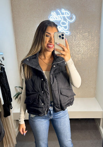 High Vneck Sleeveless Zipup Puffer Vest