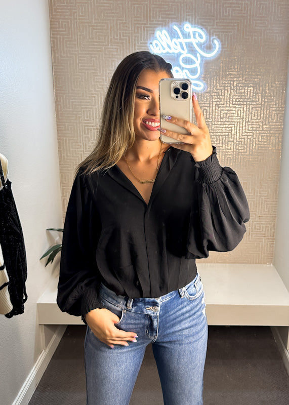Gwen Woven Top Featuring Shirt Collar With Poet Sleeve