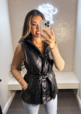 Faux Leather Padded Vest with Waist Tie