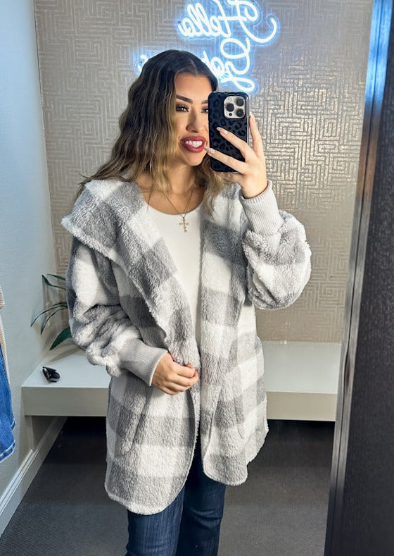 Checker Print Hooded Cardigan