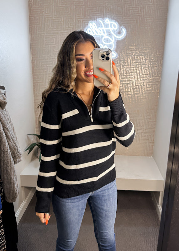 Stripe Knit Zip-up High Collared V-neck Sweater