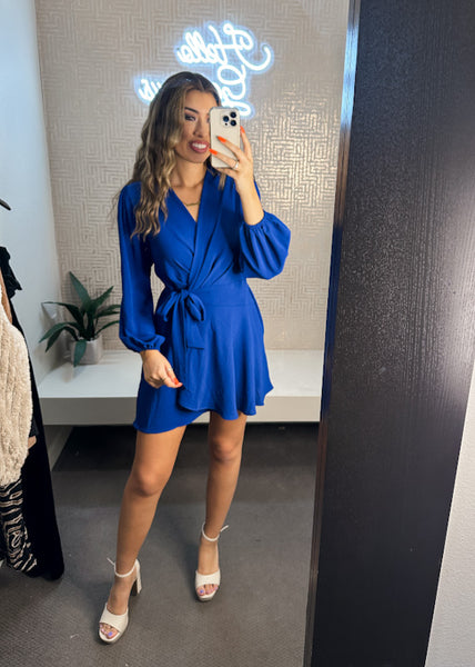 Matte Crepe Tuck Pleat Wrap Skater Dress