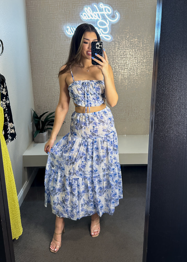 Lula Floral Ruffle Smocked Crop Top and Skirt Set