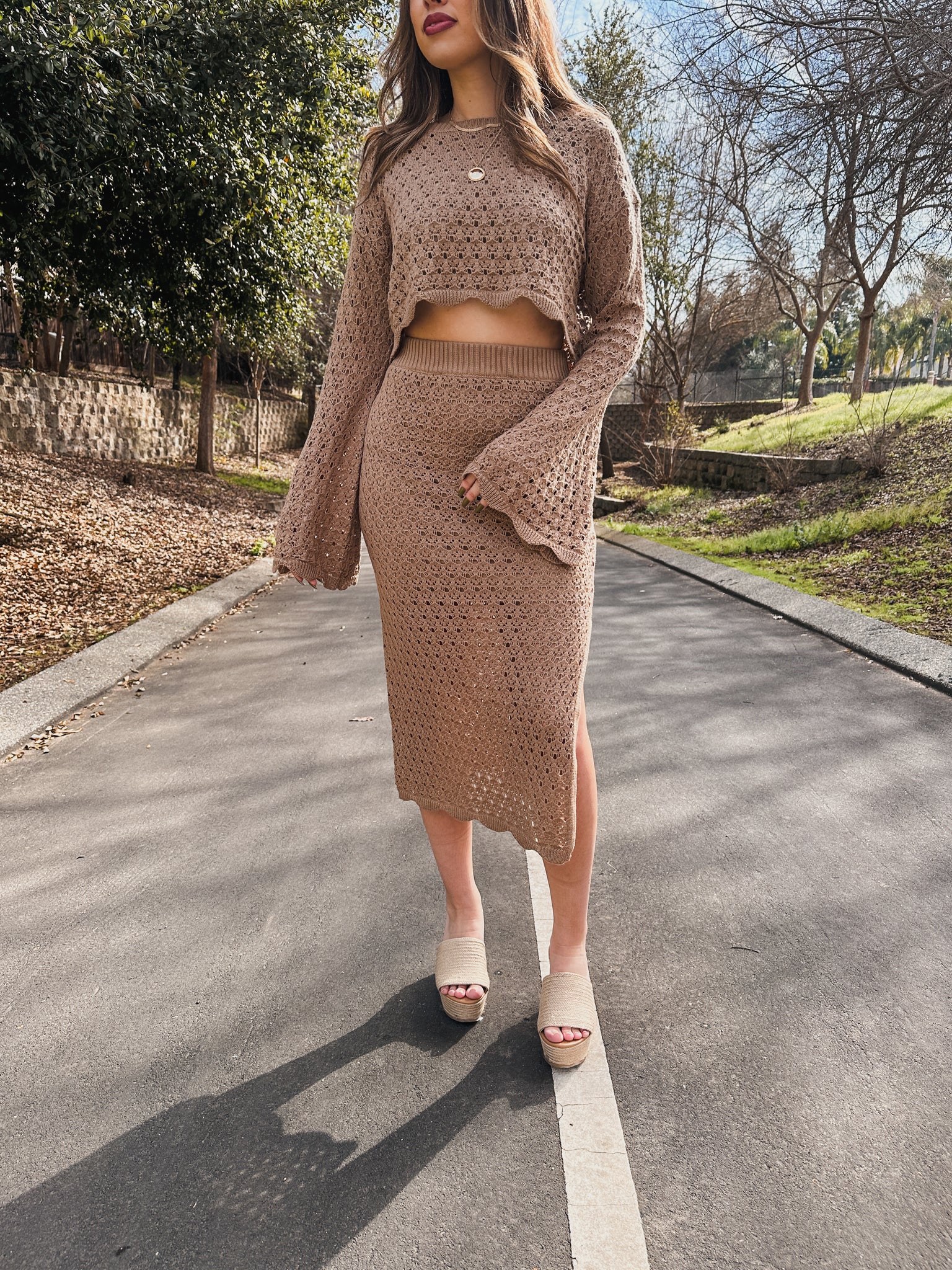 Madison Crochet Scallop Hem Top & Midi Skirt Set