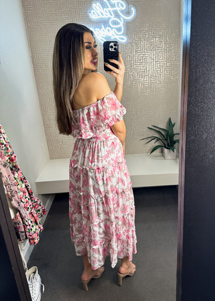 Demie Off Shoulder Ruffled Woven Print Tiered Midi Dress