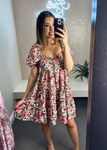 Puff Sleeve Floral Print Tiered Dress
