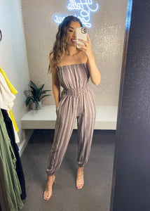 stripe mocha jogger jumpsuit