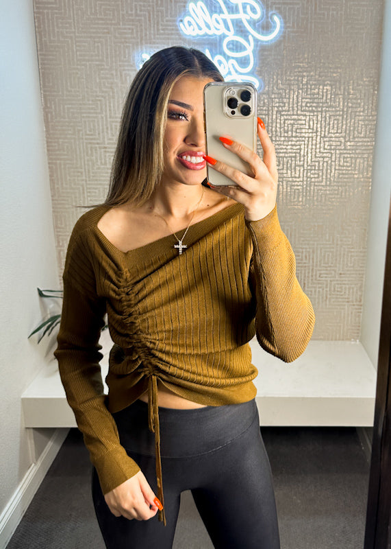 Roslyn Ruched Detail Asymmetrical Long Sleeve Sweater