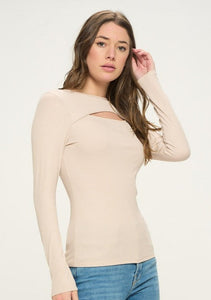 Long Sleeves Front Cut Out Detail Rib Knit Top