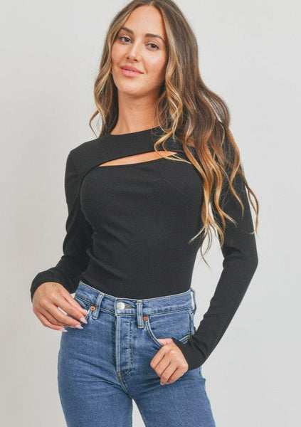 Long Sleeves Front Cut Out Detail Rib Knit Top