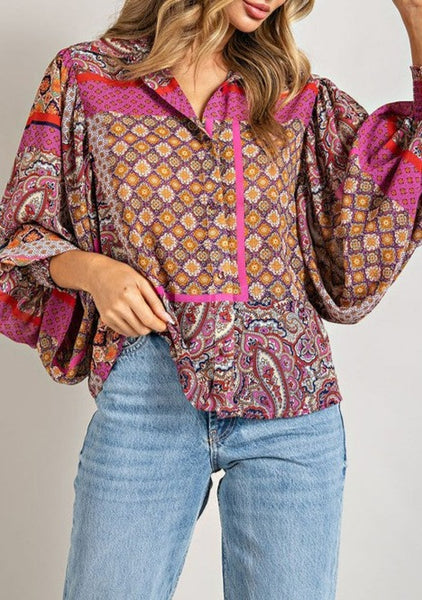 boho printed button up blouse