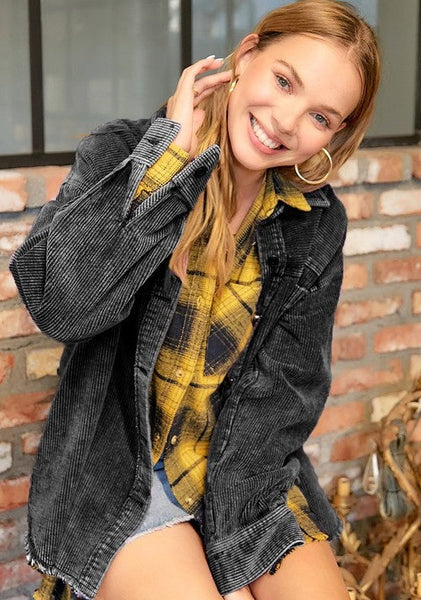 Corduroy jacket with frayed hem
