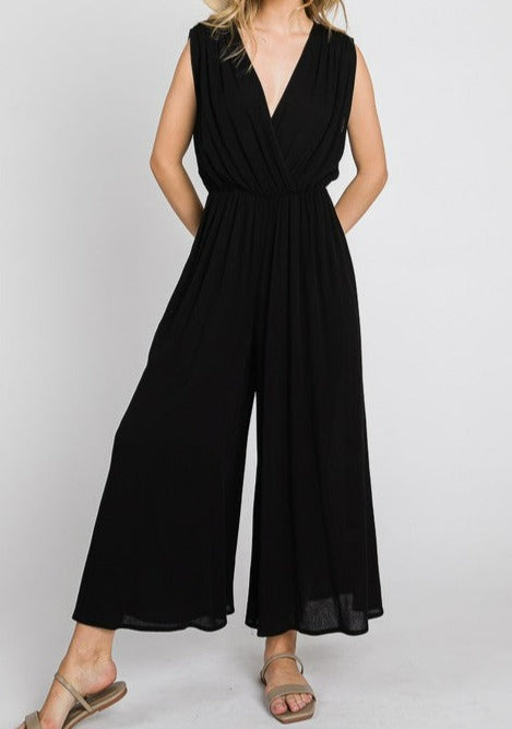 sleeveless woven ruched jumpsuit