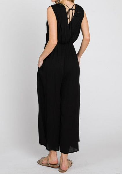 sleeveless woven ruched jumpsuit