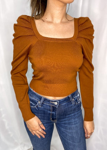 Square Neck Puff Sleeve Sweater Crop
