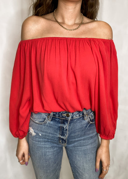 Effortless Off the Shoulder Balloon Sleeve Cropped Blouse