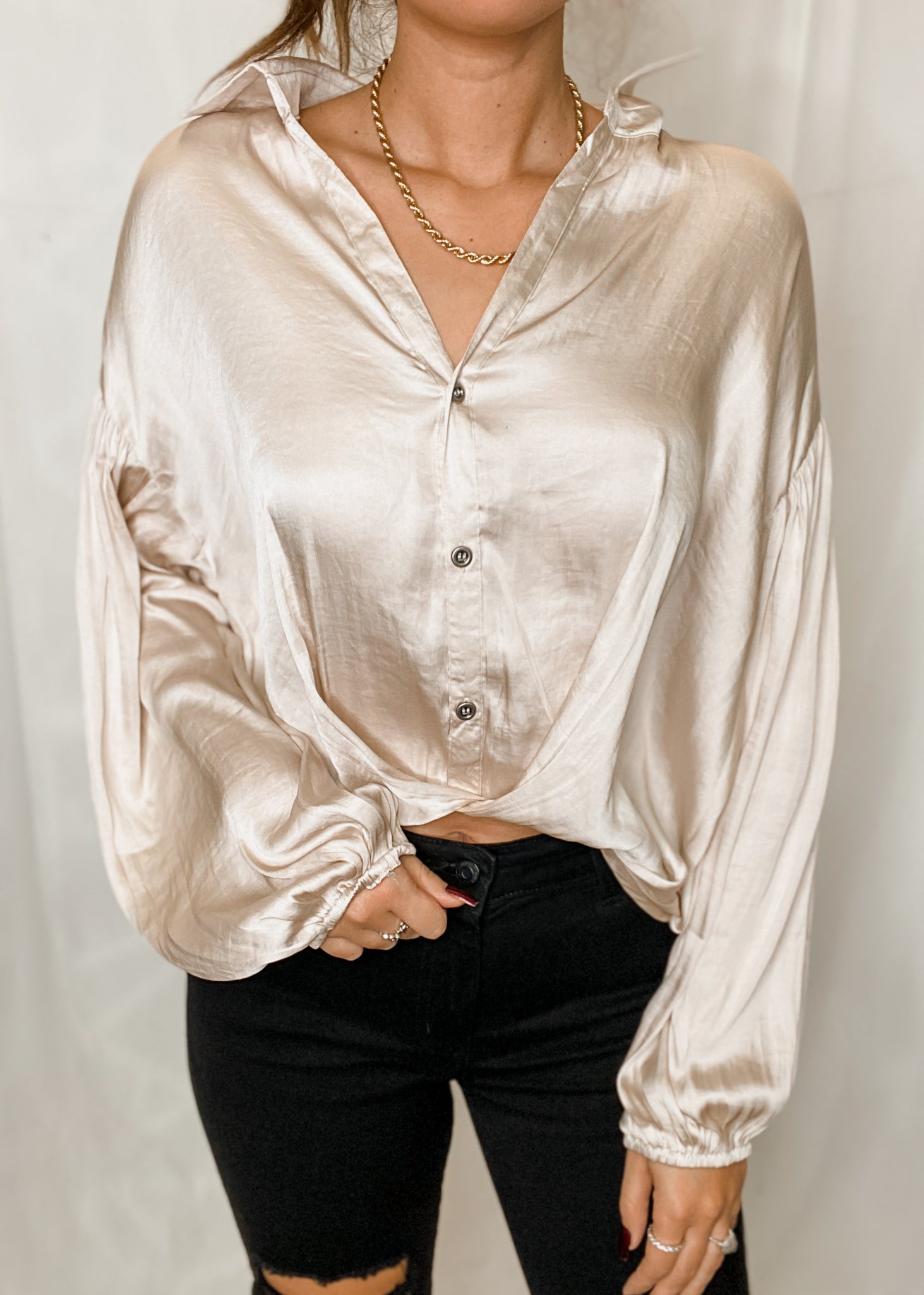 satin long sleeve button down