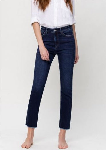 super high rise stretch slim straight denim
