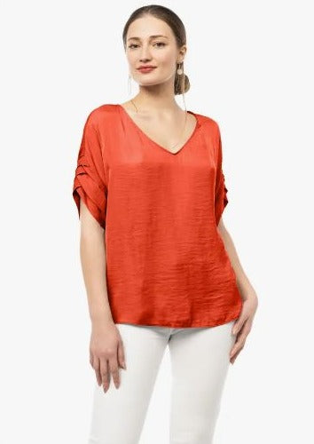 V-Neck Satin Top with Sleeves Detail