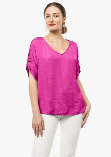 V-Neck Satin Top with Sleeves Detail